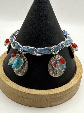 Vintage Silver Coin & Blue Suede Curb Chain Charm Bracelet Beaded Accents